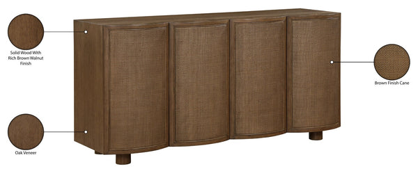Meridian Furniture Norin Oak Veneer Buffet with Cane Panels and Curved Doors for Stylish Dining Rooms Brown 77060Brown