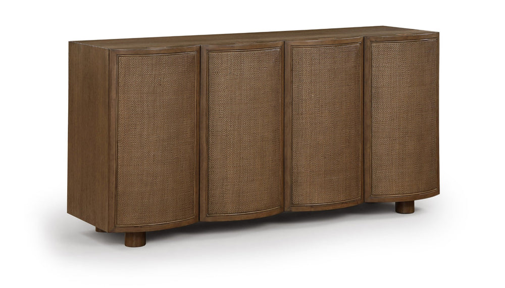 Meridian Furniture Norin Oak Veneer Buffet with Cane Panels and Curved Doors for Stylish Dining Rooms Brown 77060Brown