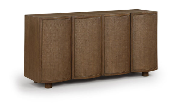 Meridian Furniture Norin Oak Veneer Buffet with Cane Panels and Curved Doors for Stylish Dining Rooms Brown 77060Brown
