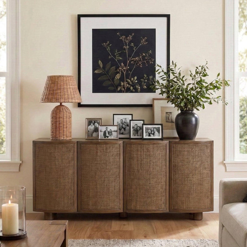 Meridian Furniture Norin Oak Veneer Buffet with Cane Panels and Curved Doors for Stylish Dining Rooms Brown 77060Brown