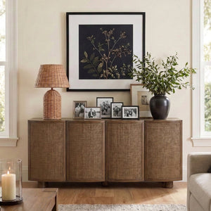 Meridian Furniture Norin Oak Veneer Buffet with Cane Panels and Curved Doors for Stylish Dining Rooms Brown 77060Brown