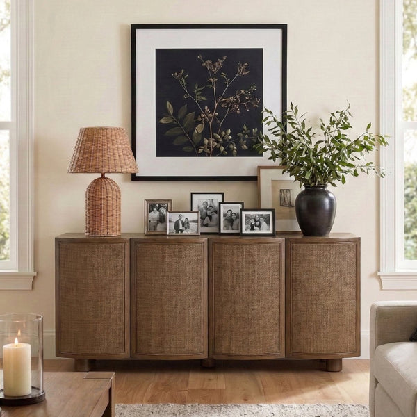 Meridian Furniture Norin Oak Veneer Buffet with Cane Panels and Curved Doors for Stylish Dining Rooms Brown 77060Brown