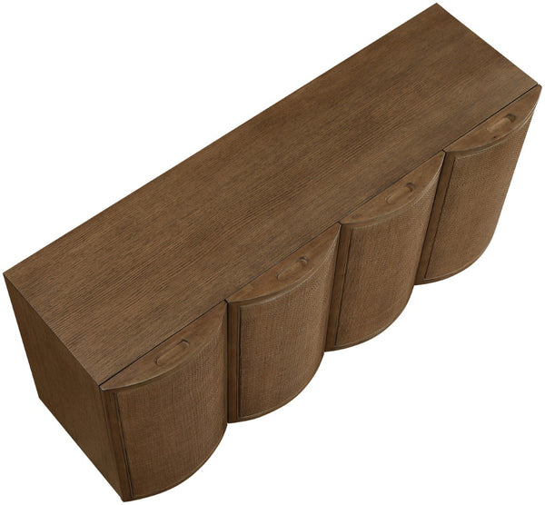 Meridian Furniture Norin Oak Veneer Buffet with Cane Panels and Curved Doors for Stylish Dining Rooms Brown 77060Brown