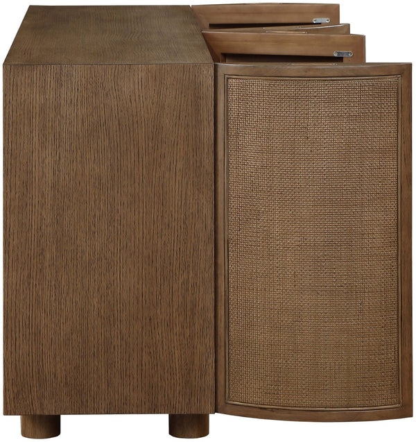 Meridian Furniture Norin Oak Veneer Buffet with Cane Panels and Curved Doors for Stylish Dining Rooms Brown 77060Brown