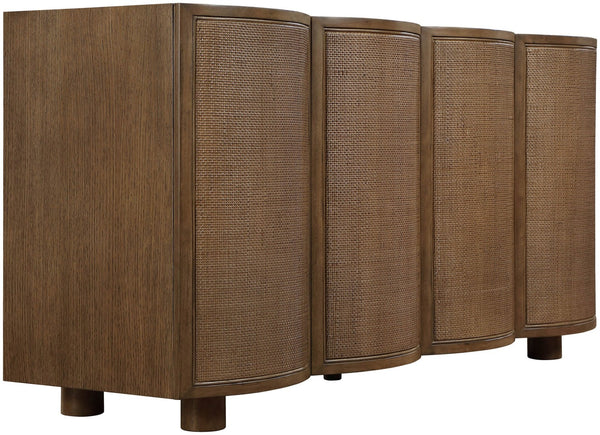 Meridian Furniture Norin Oak Veneer Buffet with Cane Panels and Curved Doors for Stylish Dining Rooms Brown 77060Brown