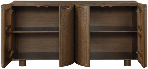 Meridian Furniture Norin Oak Veneer Buffet with Cane Panels and Curved Doors for Stylish Dining Rooms Brown 77060Brown