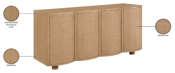 Meridian Furniture Norin Oak Veneer Buffet with Cane Panels and Curved Doors for Stylish Dining Rooms Natural 77060Natural