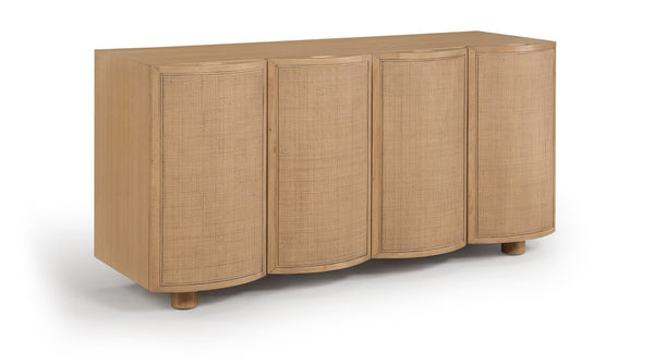 Meridian Furniture Norin Oak Veneer Buffet with Cane Panels and Curved Doors for Stylish Dining Rooms Natural 77060Natural