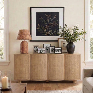 Meridian Furniture Norin Oak Veneer Buffet with Cane Panels and Curved Doors for Stylish Dining Rooms Natural 77060Natural