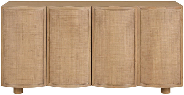 Meridian Furniture Norin Oak Veneer Buffet with Cane Panels and Curved Doors for Stylish Dining Rooms Natural 77060Natural