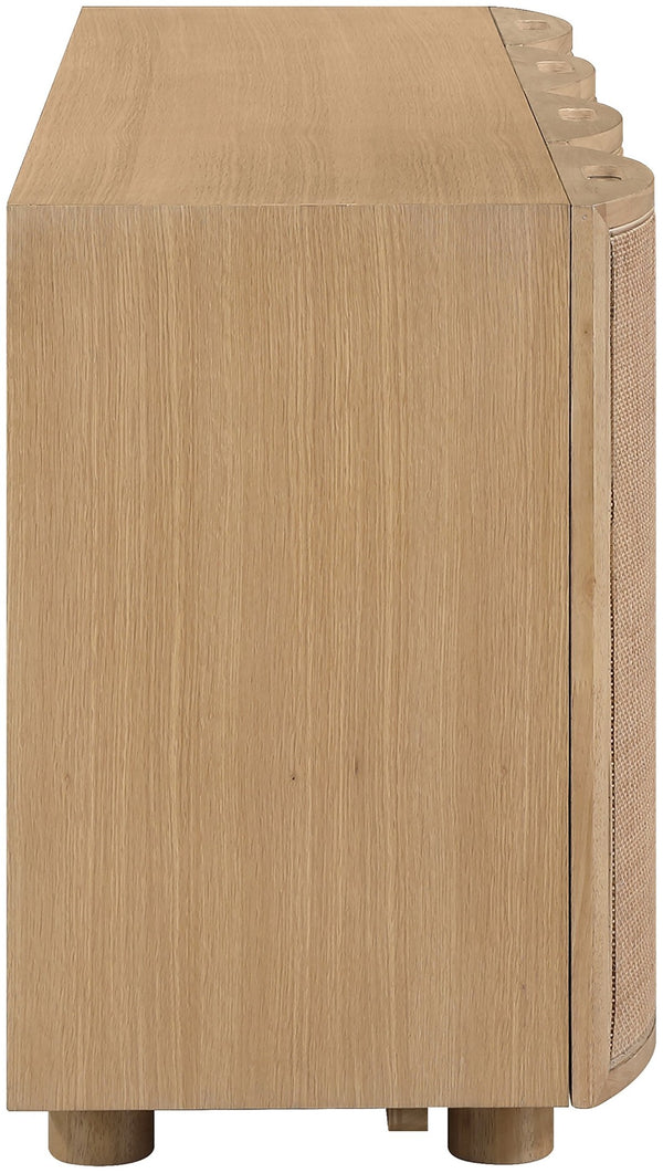Meridian Furniture Norin Oak Veneer Buffet with Cane Panels and Curved Doors for Stylish Dining Rooms Natural 77060Natural