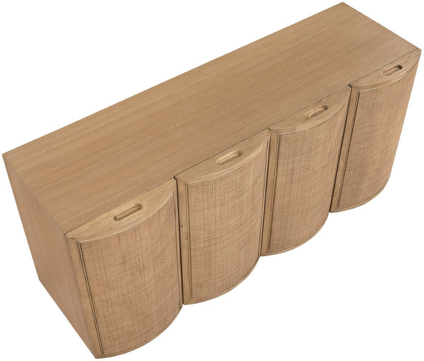 Meridian Furniture Norin Oak Veneer Buffet with Cane Panels and Curved Doors for Stylish Dining Rooms Natural 77060Natural