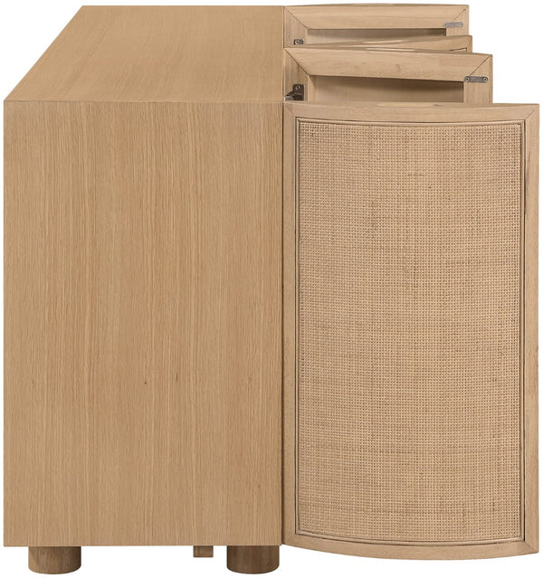 Meridian Furniture Norin Oak Veneer Buffet with Cane Panels and Curved Doors for Stylish Dining Rooms Natural 77060Natural