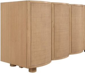 Meridian Furniture Norin Oak Veneer Buffet with Cane Panels and Curved Doors for Stylish Dining Rooms Natural 77060Natural