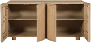 Meridian Furniture Norin Oak Veneer Buffet with Cane Panels and Curved Doors for Stylish Dining Rooms Natural 77060Natural