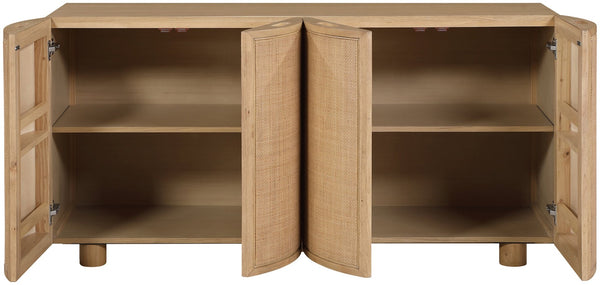 Meridian Furniture Norin Oak Veneer Buffet with Cane Panels and Curved Doors for Stylish Dining Rooms Natural 77060Natural