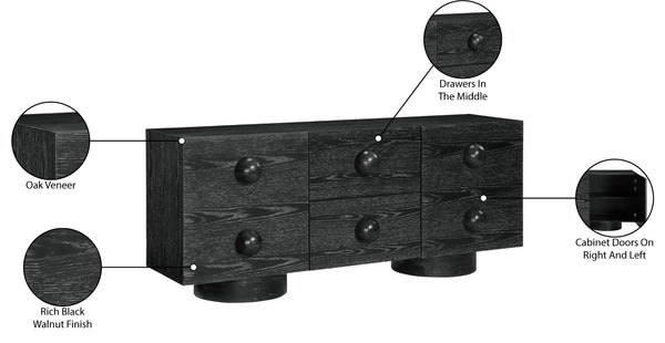 Meridian Furniture Bubble Oak Veneer Rubberwood Sideboard Buffet with Drawers and Cabinet Dining Room Storage Black 77063Black