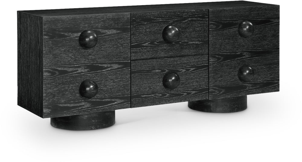 Meridian Furniture Bubble Oak Veneer Rubberwood Sideboard Buffet with Drawers and Cabinet Dining Room Storage Black 77063Black