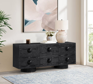 Meridian Furniture Bubble Oak Veneer Rubberwood Sideboard Buffet with Drawers and Cabinet Dining Room Storage Black 77063Black