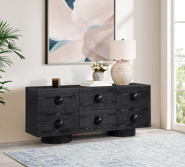 Meridian Furniture Bubble Oak Veneer Rubberwood Sideboard Buffet with Drawers and Cabinet Dining Room Storage Black 77063Black
