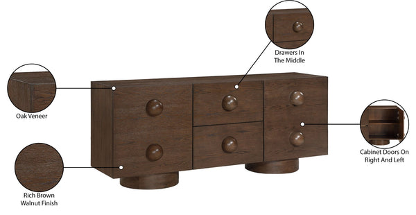 Meridian Furniture Bubble Oak Veneer Rubberwood Sideboard Buffet with Drawers and Cabinet Dining Room Storage Brown 77063Brown