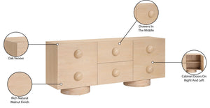 Meridian Furniture Bubble Oak Veneer Rubberwood Sideboard Buffet with Drawers and Cabinet Dining Room Storage Natural 77063Natural