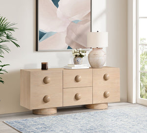 Meridian Furniture Bubble Oak Veneer Rubberwood Sideboard Buffet with Drawers and Cabinet Dining Room Storage Natural 77063Natural