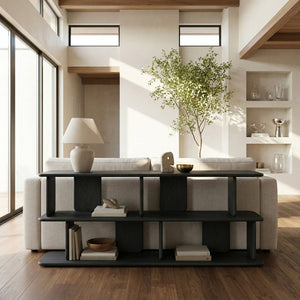 Meridian Furniture Nexa Art Deco Oak Veneer Media Console with Open Linear Shelving for Modern Living Rooms Black 77064Black