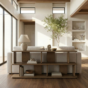 Meridian Furniture Nexa Art Deco Oak Veneer Media Console with Open Linear Shelving for Modern Living Rooms Brown 77064Brown