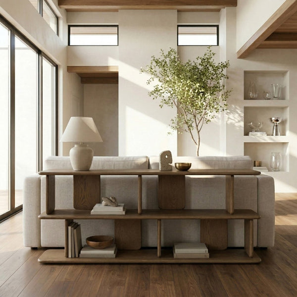 Meridian Furniture Nexa Art Deco Oak Veneer Media Console with Open Linear Shelving for Modern Living Rooms Brown 77064Brown