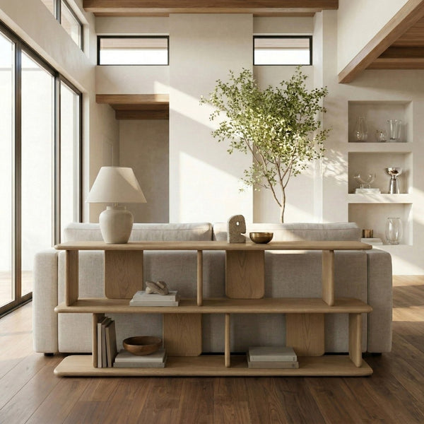 Meridian Furniture Nexa Art Deco Oak Veneer Media Console with Open Linear Shelving for Modern Living Rooms Natural 77064Natural