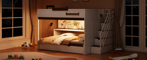 English Elm House-shaped Pine Bunk Bed with Built-in Slide Storage Staircase Twin Over Full Kids Frame White N820S00067K