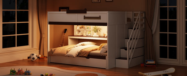English Elm House-shaped Pine Bunk Bed with Built-in Slide Storage Staircase Twin Over Full Kids Frame White N820S00067K