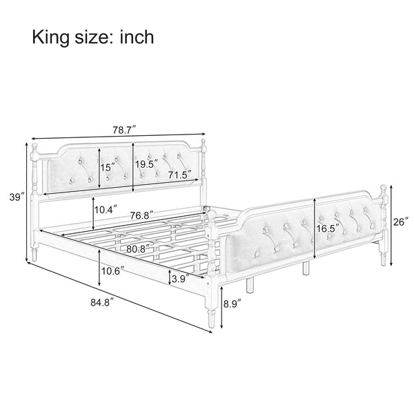 English Elm Traditional Solid Wood Bed Frame with Tufted Upholstered Headboard, No Box Spring Needed, Sturdy 400 lb Capacity Walnut 83.5 L x 22.25 W x 10.4 H N701P242572N