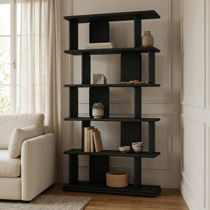 Meridian Furniture Nexa Tall Open Shelf Bookcase Oak Veneer Art Deco Style for Office and Living Room Storage Black 77065Black