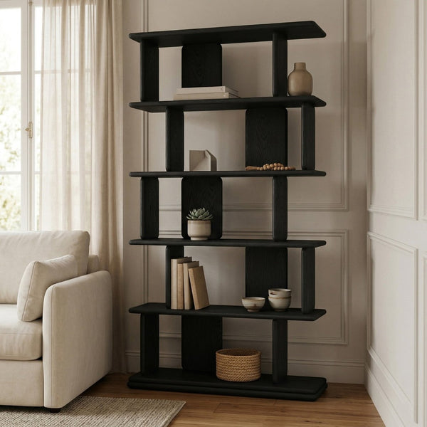 Meridian Furniture Nexa Tall Open Shelf Bookcase Oak Veneer Art Deco Style for Office and Living Room Storage Black 77065Black