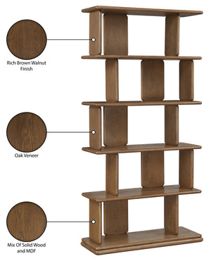 Meridian Furniture Nexa Tall Open Shelf Bookcase Oak Veneer Art Deco Style for Office and Living Room Storage Brown 77065Brown