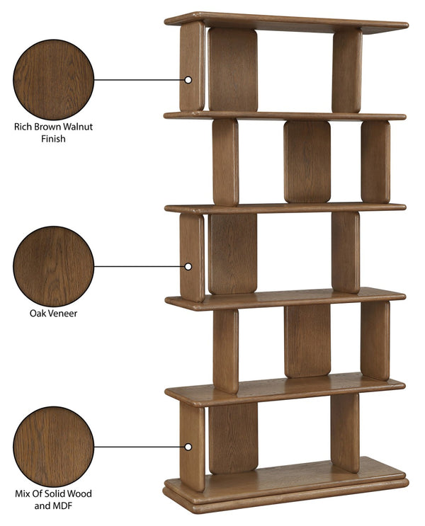 Meridian Furniture Nexa Tall Open Shelf Bookcase Oak Veneer Art Deco Style for Office and Living Room Storage Brown 77065Brown