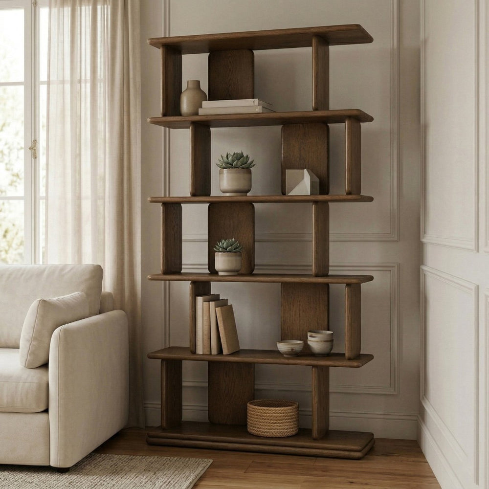 Meridian Furniture Nexa Tall Open Shelf Bookcase Oak Veneer Art Deco Style for Office and Living Room Storage Brown 77065Brown