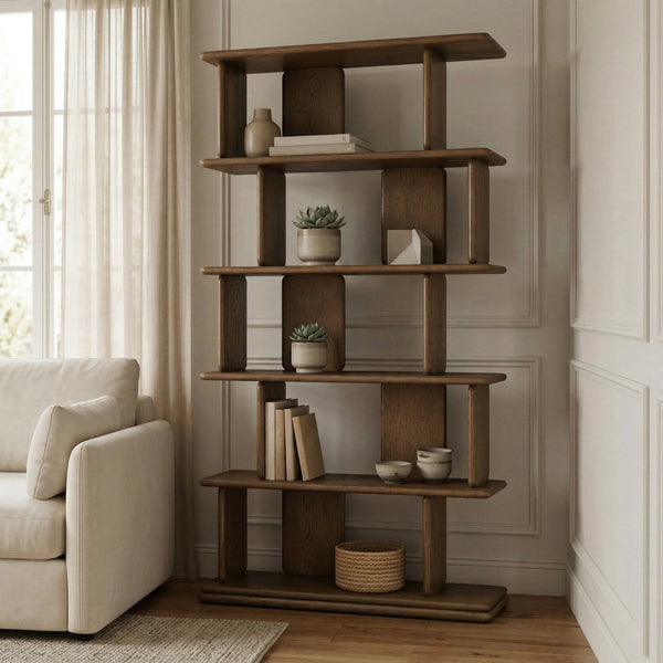 Meridian Furniture Nexa Tall Open Shelf Bookcase Oak Veneer Art Deco Style for Office and Living Room Storage Brown 77065Brown
