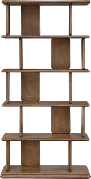 Meridian Furniture Nexa Tall Open Shelf Bookcase Oak Veneer Art Deco Style for Office and Living Room Storage Brown 77065Brown