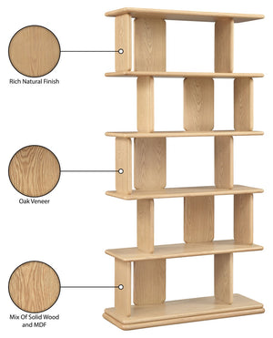 Meridian Furniture Nexa Tall Open Shelf Bookcase Oak Veneer Art Deco Style for Office and Living Room Storage Natural 77065Natural