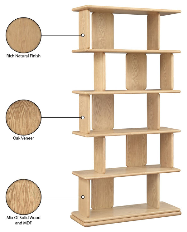 Meridian Furniture Nexa Tall Open Shelf Bookcase Oak Veneer Art Deco Style for Office and Living Room Storage Natural 77065Natural
