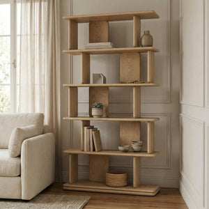 Meridian Furniture Nexa Tall Open Shelf Bookcase Oak Veneer Art Deco Style for Office and Living Room Storage Natural 77065Natural