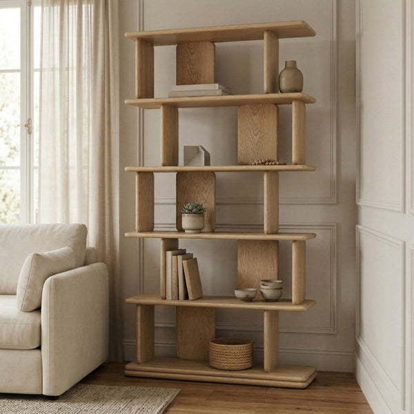 Meridian Furniture Nexa Tall Open Shelf Bookcase Oak Veneer Art Deco Style for Office and Living Room Storage Natural 77065Natural