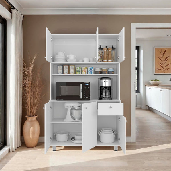 English Elm White Tall Kitchen Pantry Cabinet with Microwave Shelf Open and Enclosed Storage B062S01857