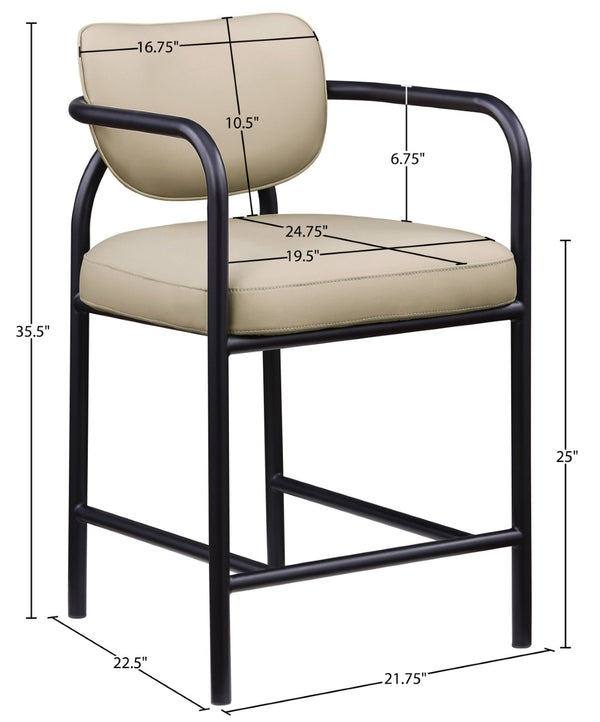Meridian Furniture Serava Sculpted Vegan Leather Counter Stool with Matte Black Iron Frame for Kitchen Islands Beige 77067Beige-C