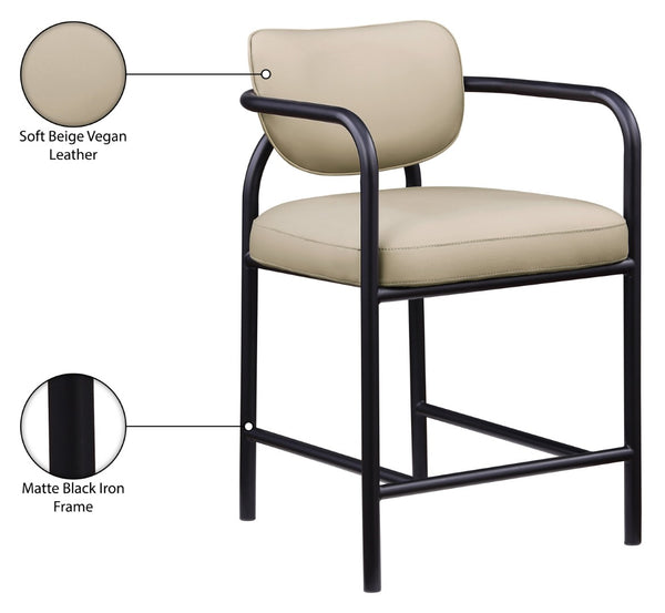 Meridian Furniture Serava Sculpted Vegan Leather Counter Stool with Matte Black Iron Frame for Kitchen Islands Beige 77067Beige-C