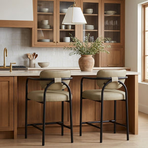 Meridian Furniture Serava Sculpted Vegan Leather Counter Stool with Matte Black Iron Frame for Kitchen Islands Beige 77067Beige-C