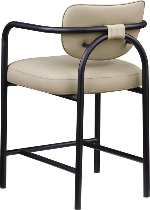 Meridian Furniture Serava Sculpted Vegan Leather Counter Stool with Matte Black Iron Frame for Kitchen Islands Beige 77067Beige-C